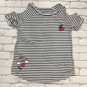 White and Navy blue Striped Off-the-Shoulder T-Shirt